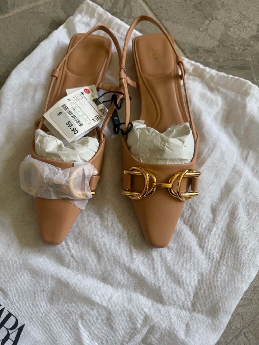 Nude chain design pointed toe sling back flats
